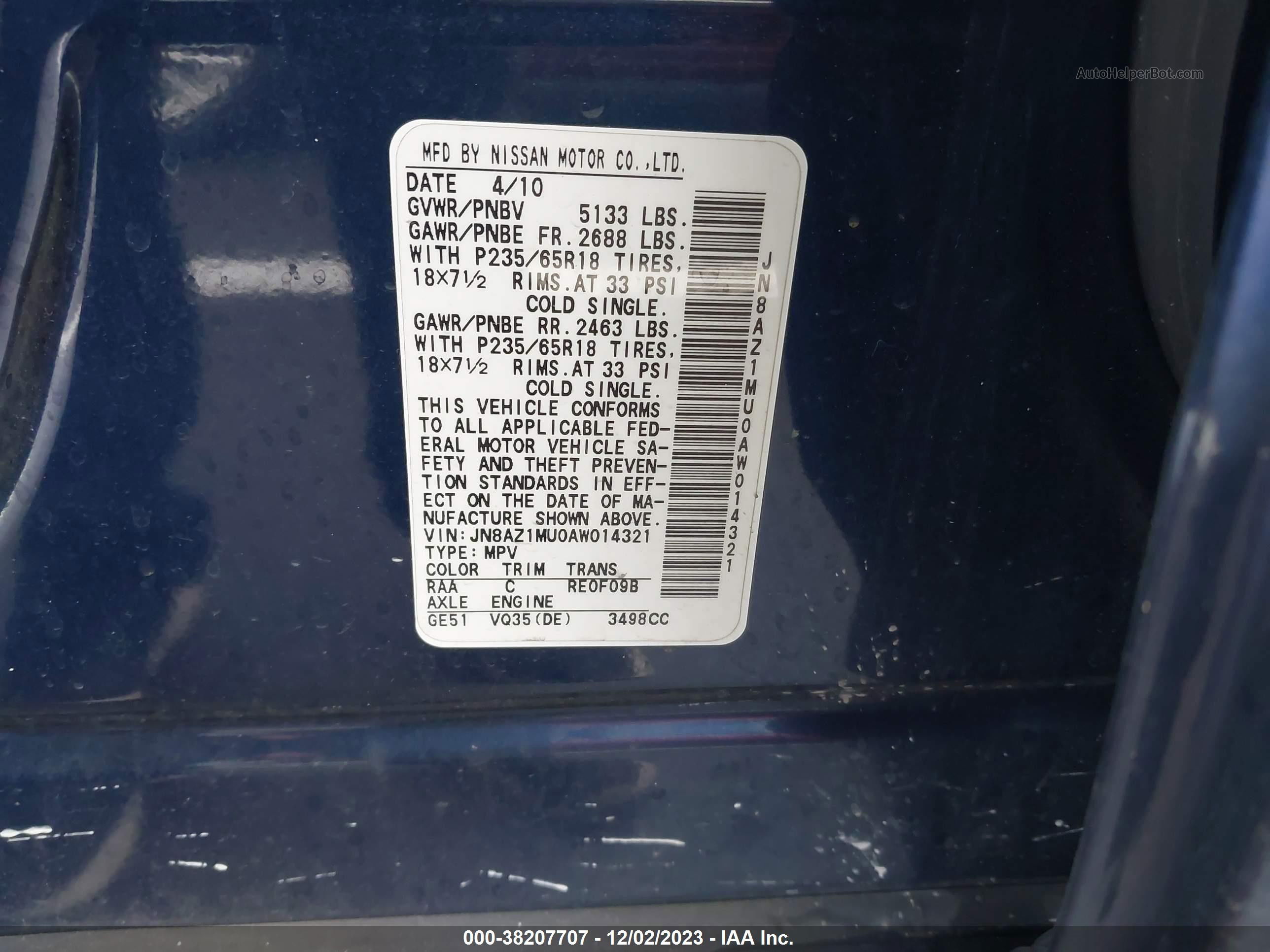 2010 Nissan Murano Sl Синий vin: JN8AZ1MU0AW014321