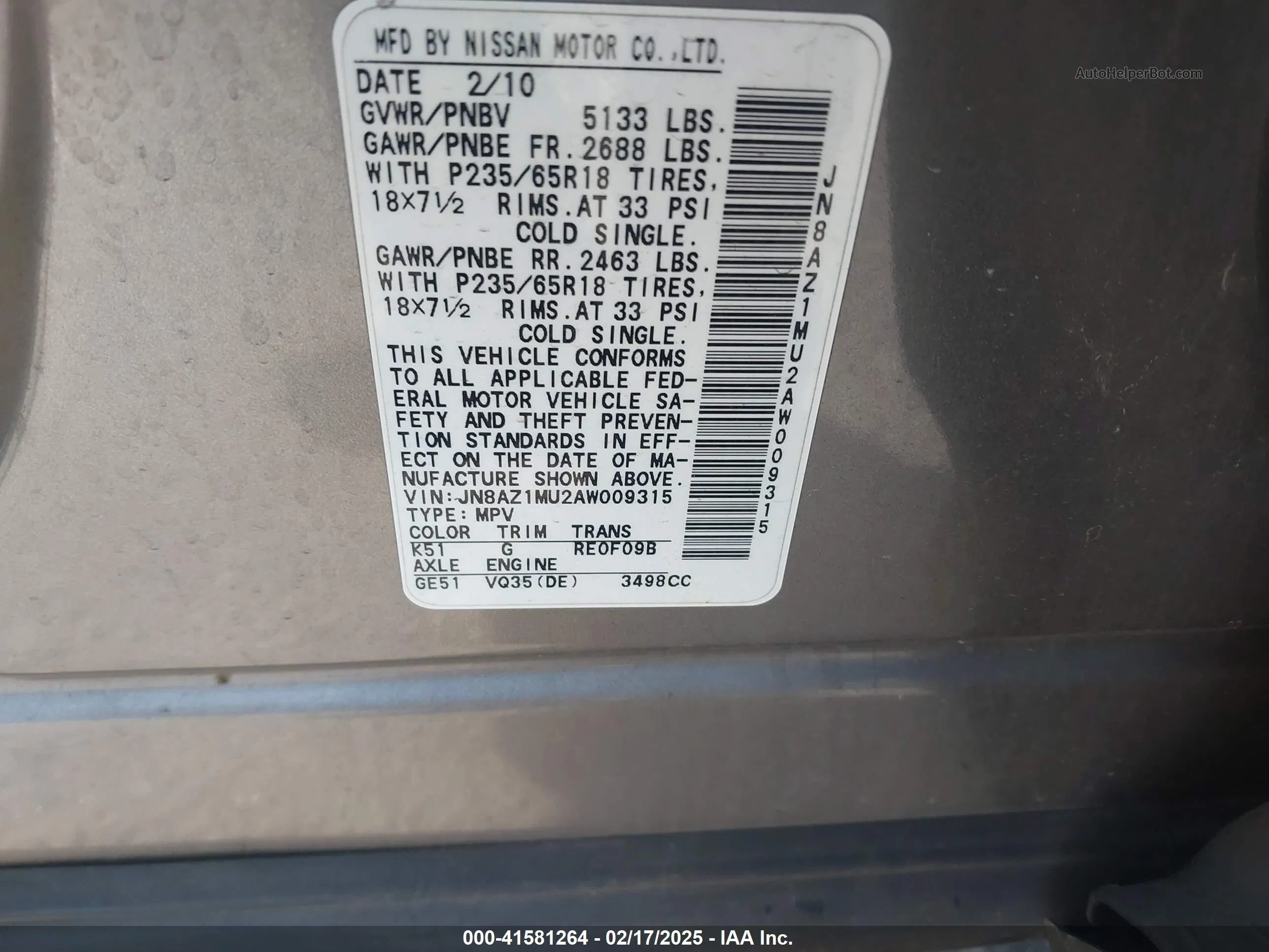 2010 Nissan Murano S Gray vin: JN8AZ1MU2AW009315