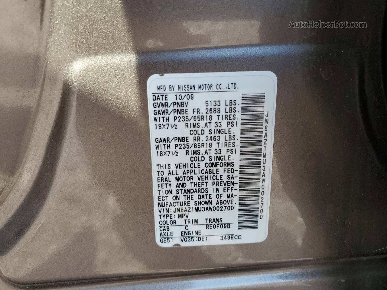 2010 Nissan Murano S Brown vin: JN8AZ1MU3AW002700