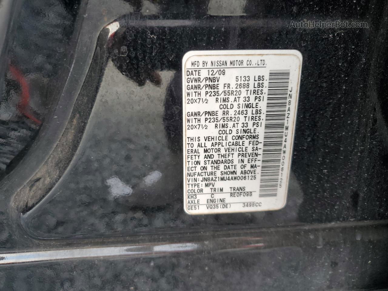 2010 Nissan Murano S Black vin: JN8AZ1MU4AW006125