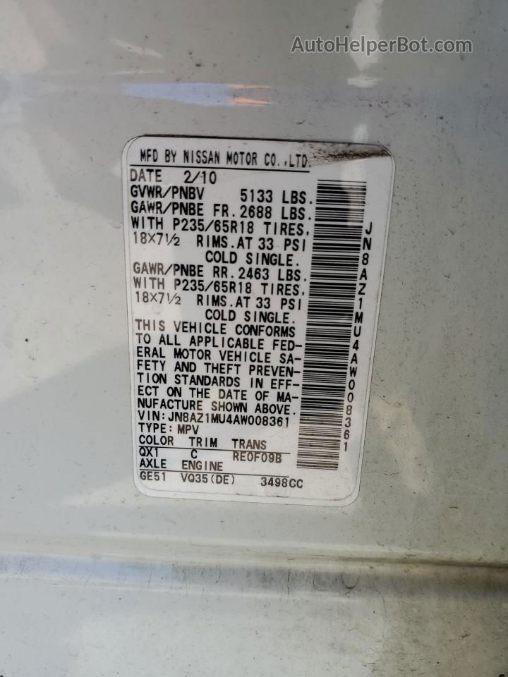 2010 Nissan Murano S White vin: JN8AZ1MU4AW008361