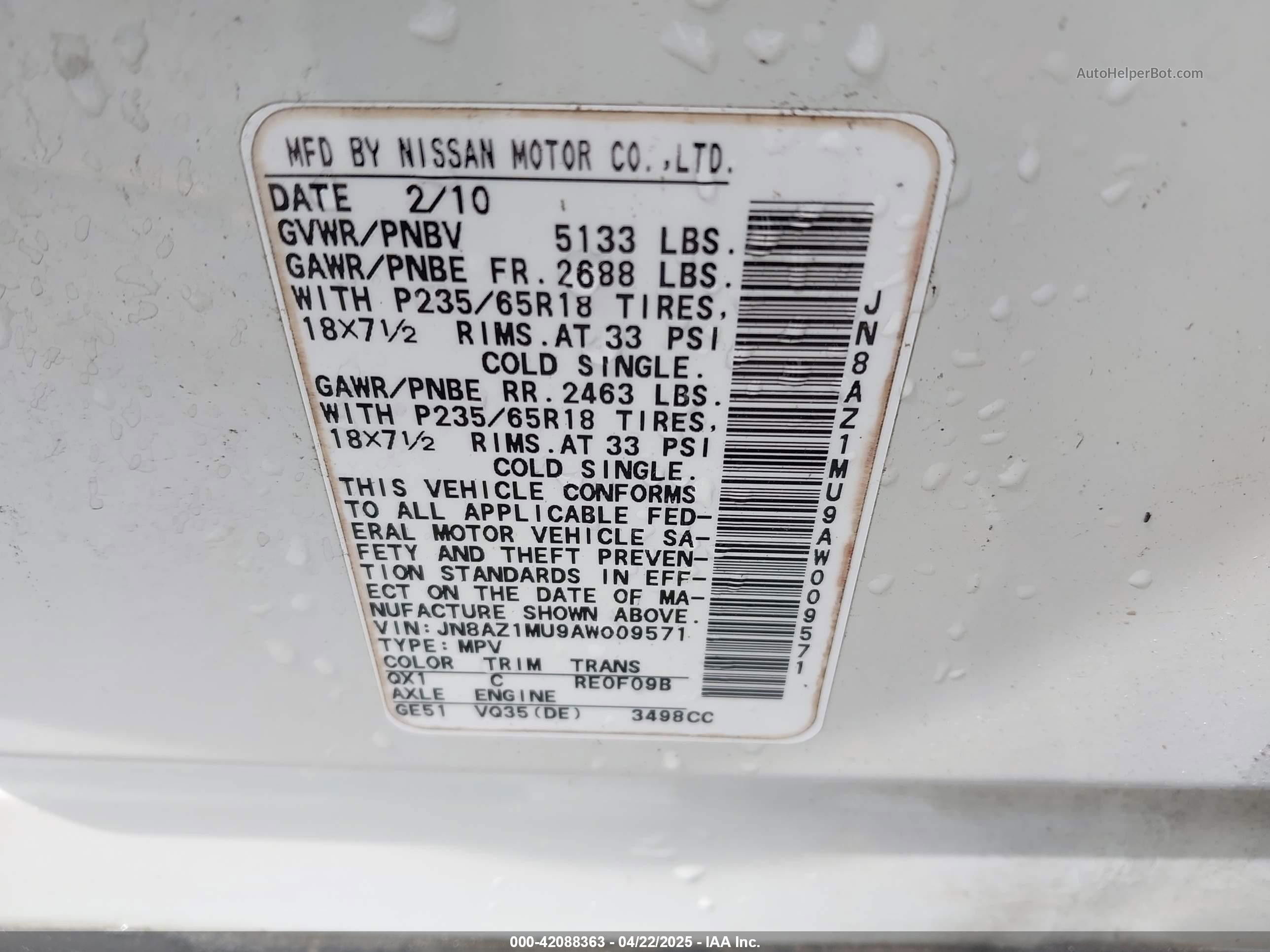 2010 Nissan Murano Sl White vin: JN8AZ1MU9AW009571
