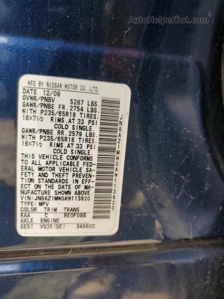 2010 Nissan Murano S Blue vin: JN8AZ1MW0AW113920