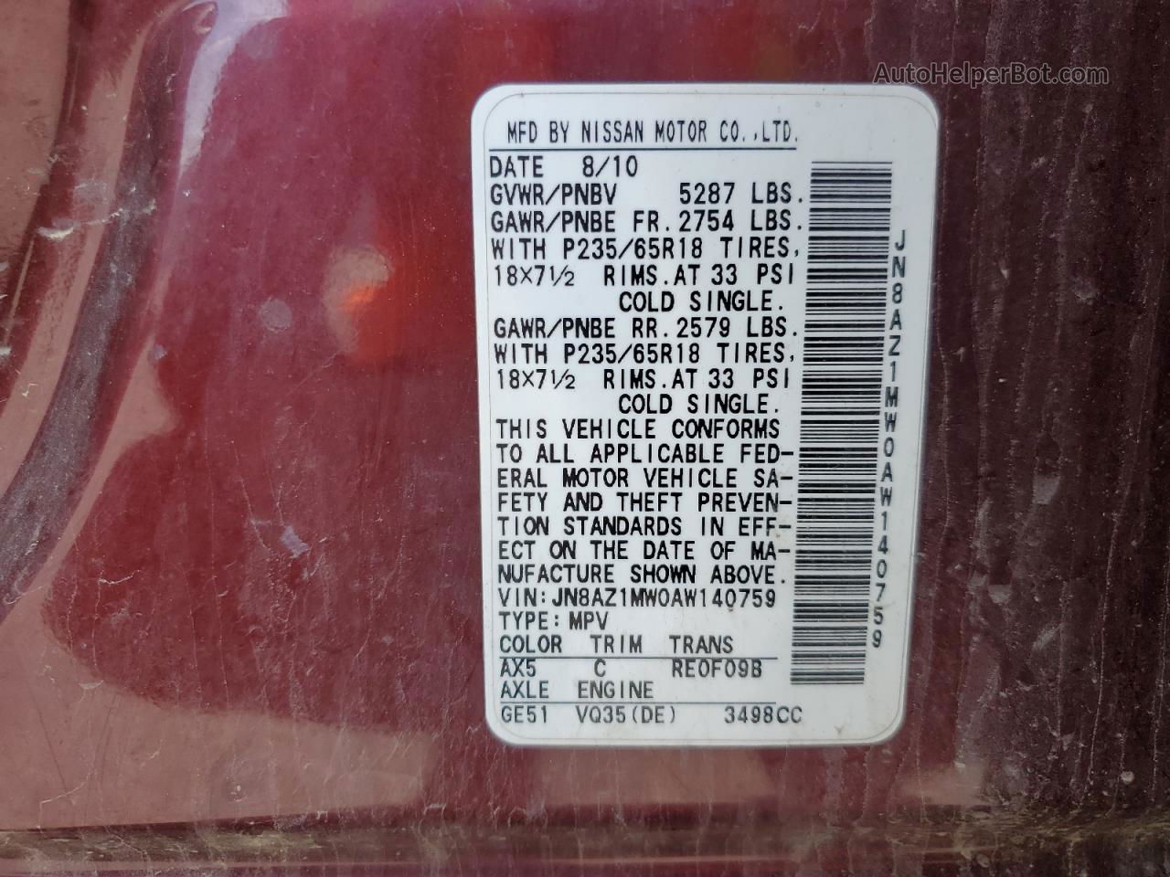 2010 Nissan Murano S Burgundy vin: JN8AZ1MW0AW140759