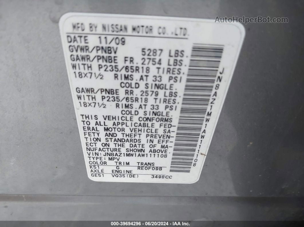 2010 Nissan Murano Sl Gray vin: JN8AZ1MW1AW111108