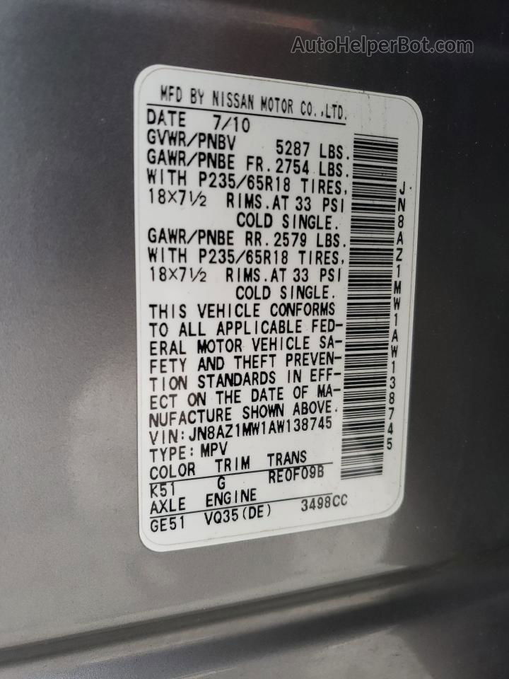 2010 Nissan Murano S Silver vin: JN8AZ1MW1AW138745