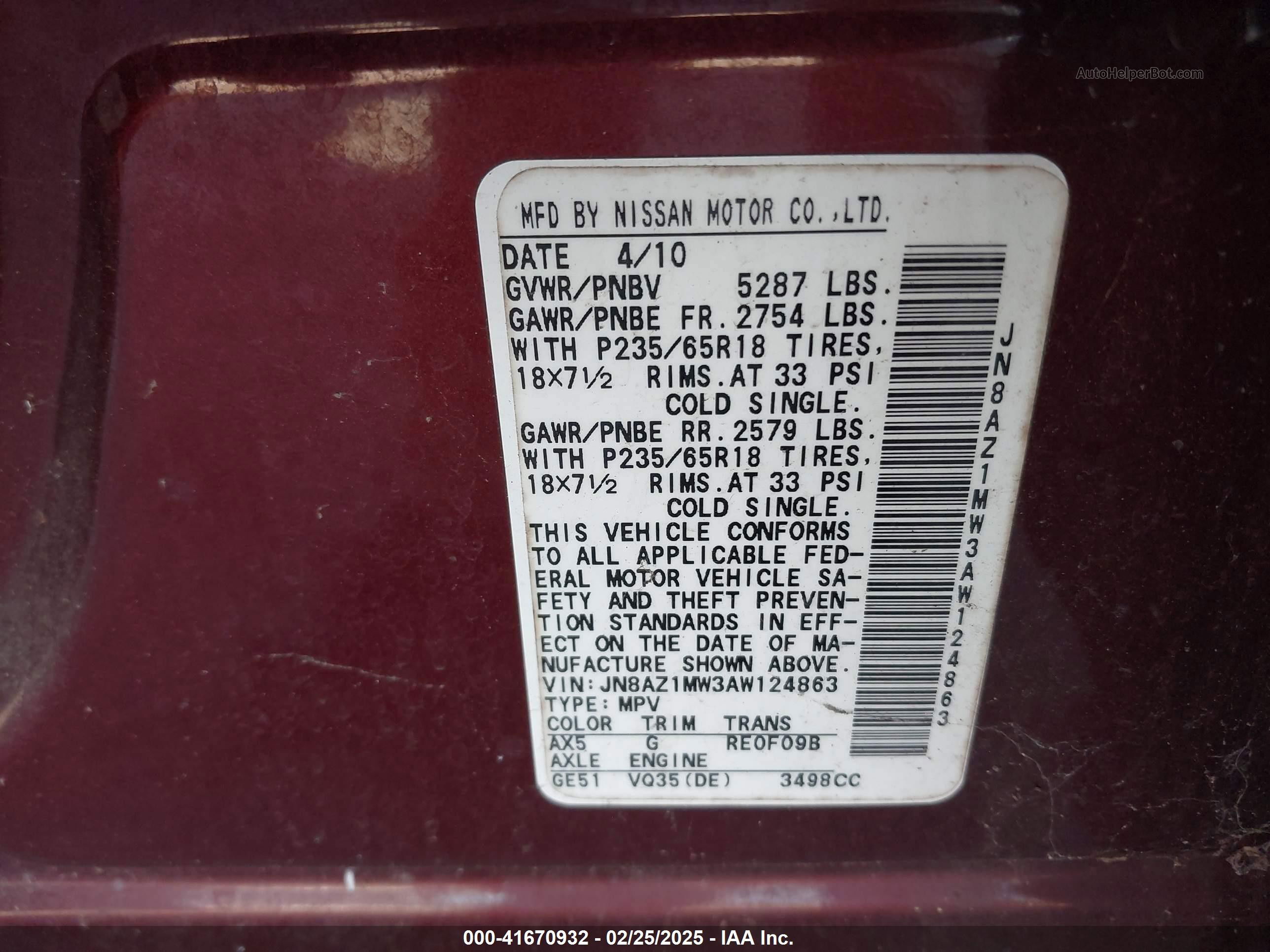 2010 Nissan Murano Sl Бордовый vin: JN8AZ1MW3AW124863