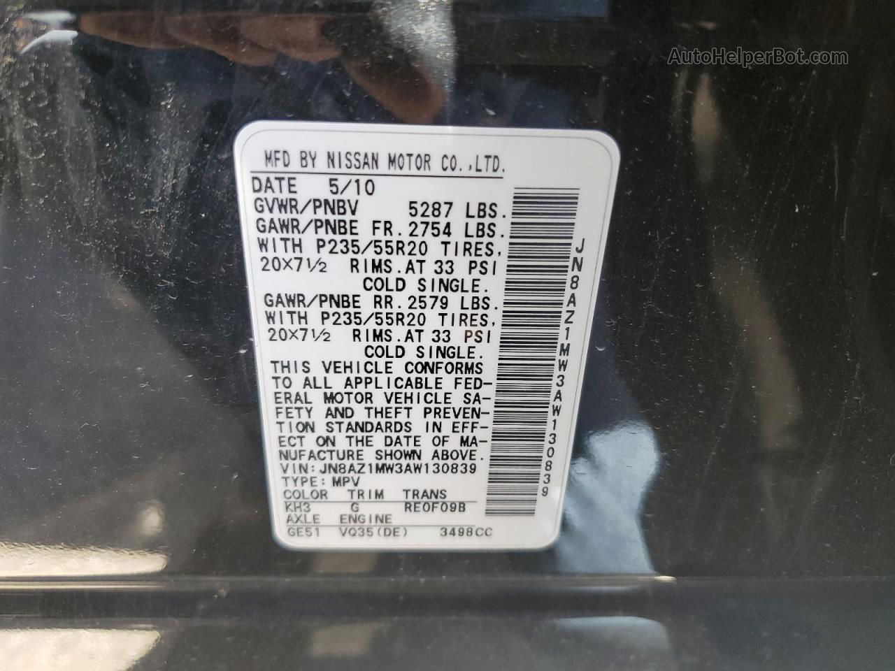 2010 Nissan Murano S Black vin: JN8AZ1MW3AW130839