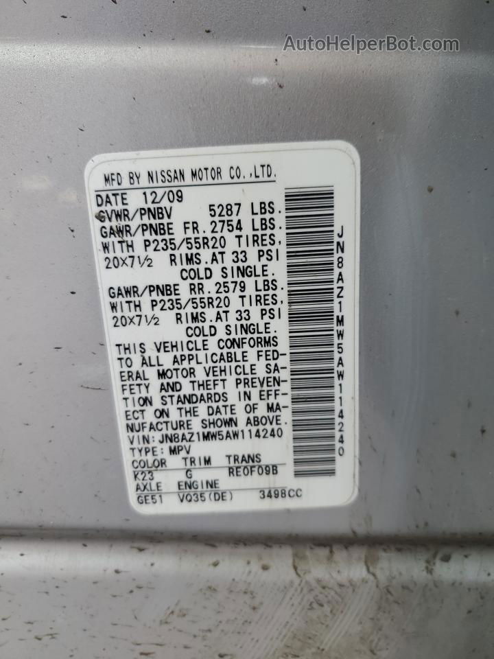 2010 Nissan Murano S Silver vin: JN8AZ1MW5AW114240