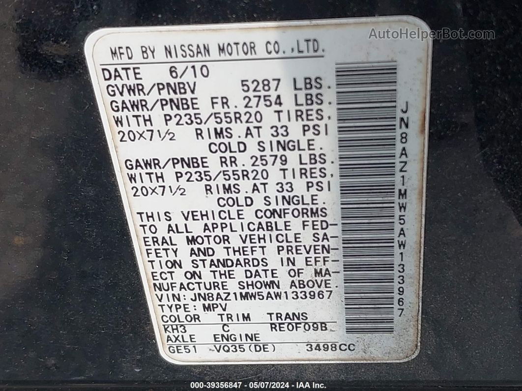 2010 Nissan Murano Le Black vin: JN8AZ1MW5AW133967