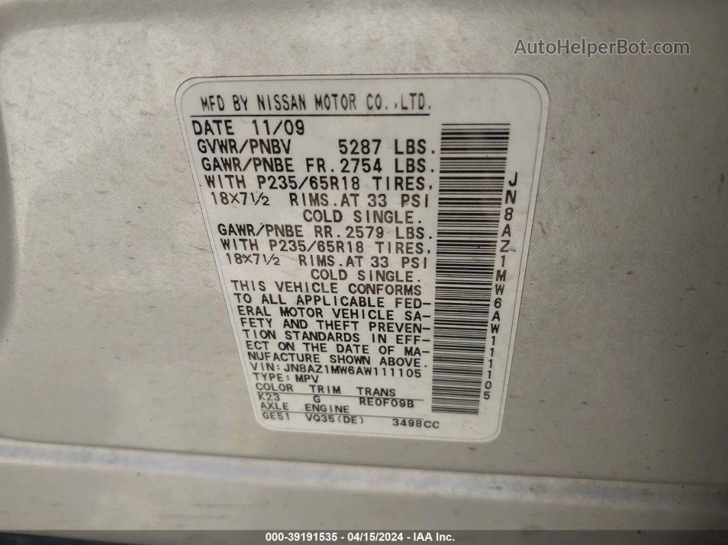 2010 Nissan Murano Sl Silver vin: JN8AZ1MW6AW111105