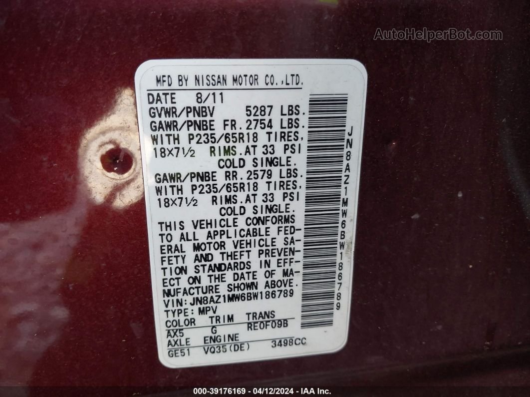 2011 Nissan Murano Sl Бордовый vin: JN8AZ1MW6BW186789