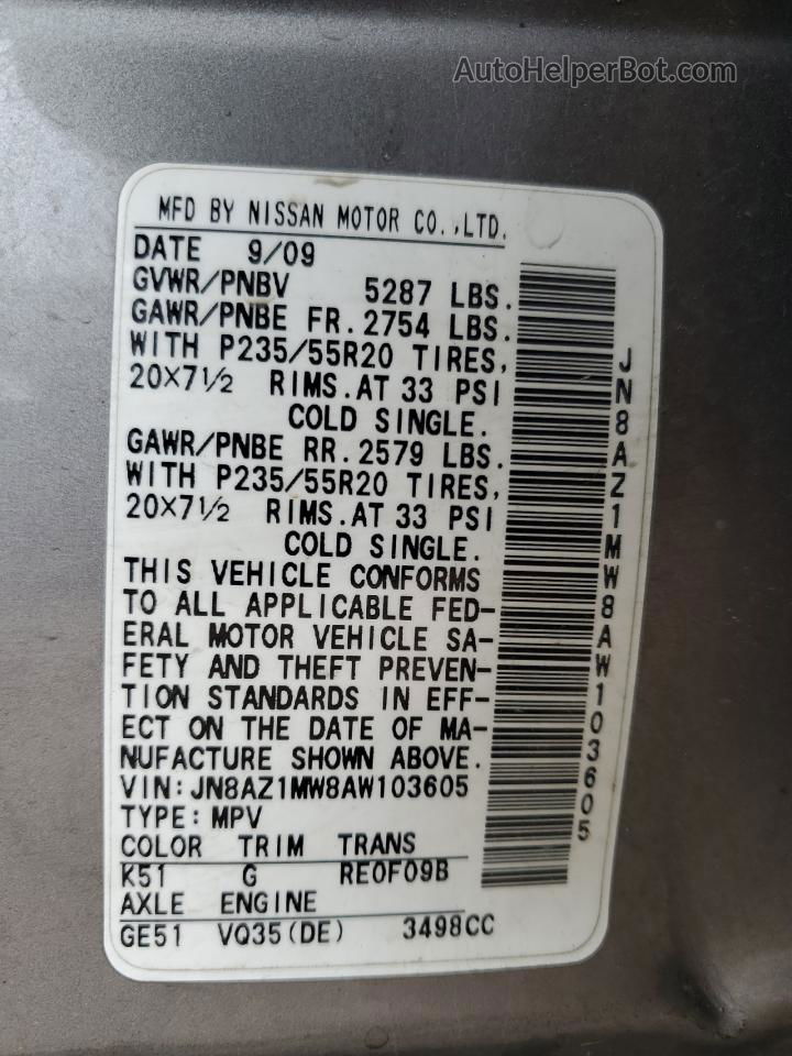 2010 Nissan Murano S Silver vin: JN8AZ1MW8AW103605
