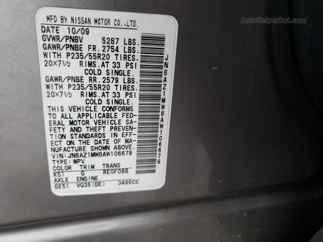 2010 Nissan Murano S Gray vin: JN8AZ1MW8AW106679