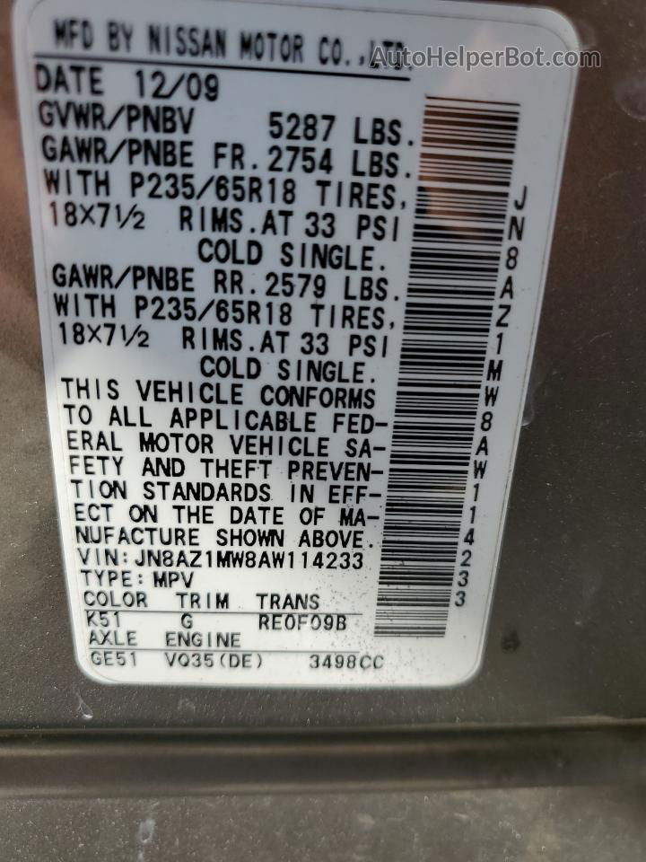 2010 Nissan Murano S Gray vin: JN8AZ1MW8AW114233