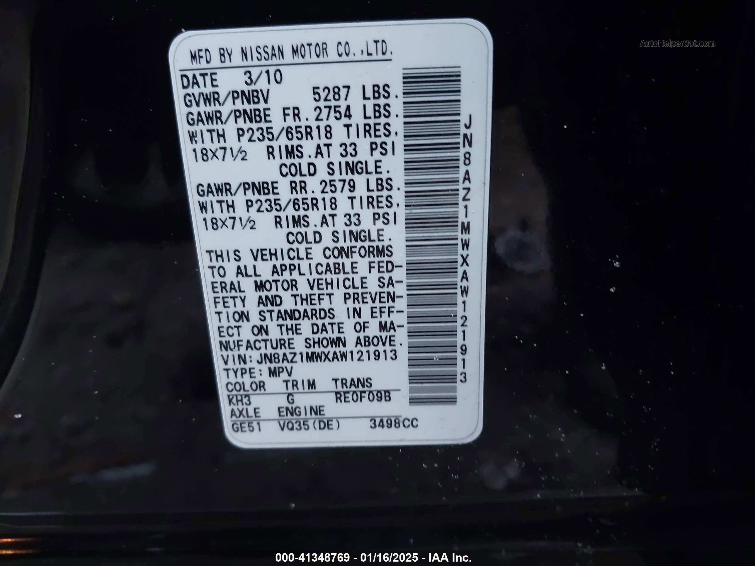 2010 Nissan Murano Sl Черный vin: JN8AZ1MWXAW121913