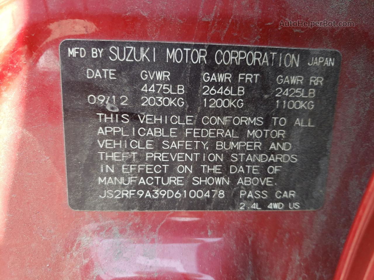 2013 Suzuki Kizashi Se Red vin: JS2RF9A39D6100478