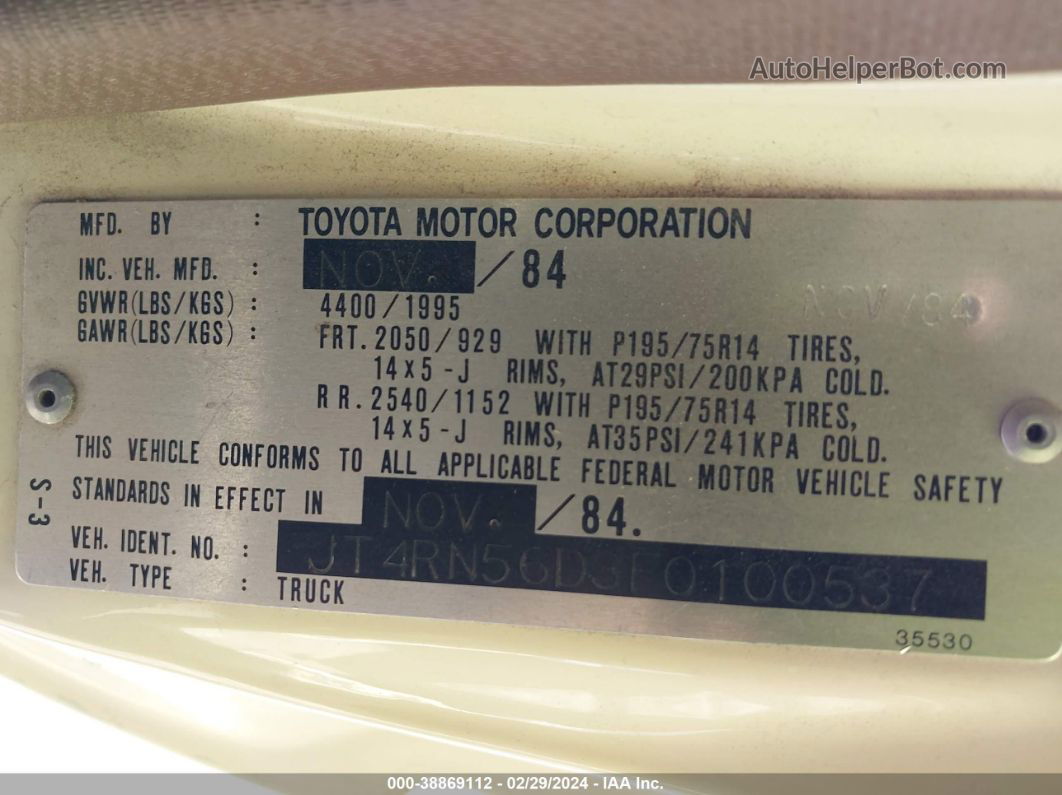 1985 Toyota Pickup Xtracab Rn56 Dlx Cream vin: JT4RN56D3F0100537