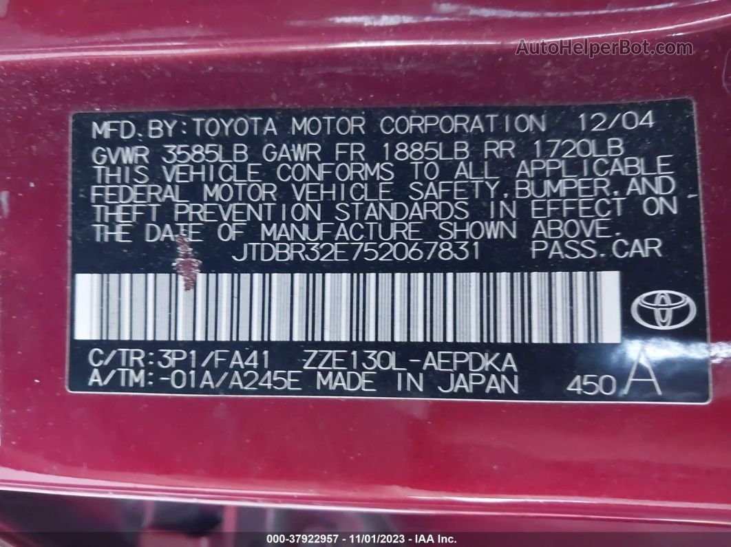 2005 Toyota Corolla Ce/le Red vin: JTDBR32E752067831