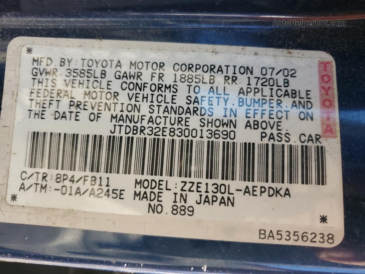 2003 Toyota Corolla Ce Blue vin: JTDBR32E830013690