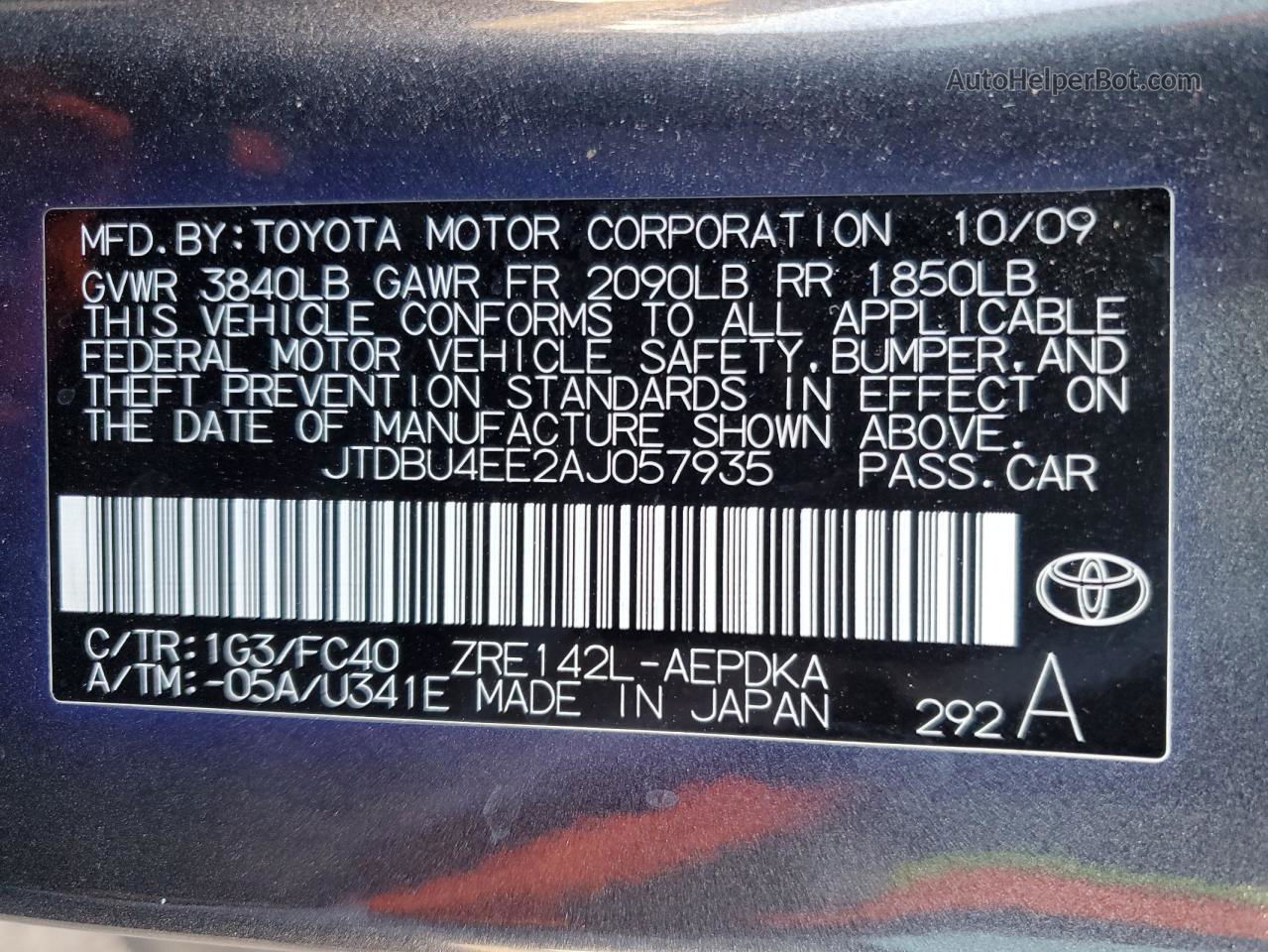 2010 Toyota Corolla Base Gray vin: JTDBU4EE2AJ057935