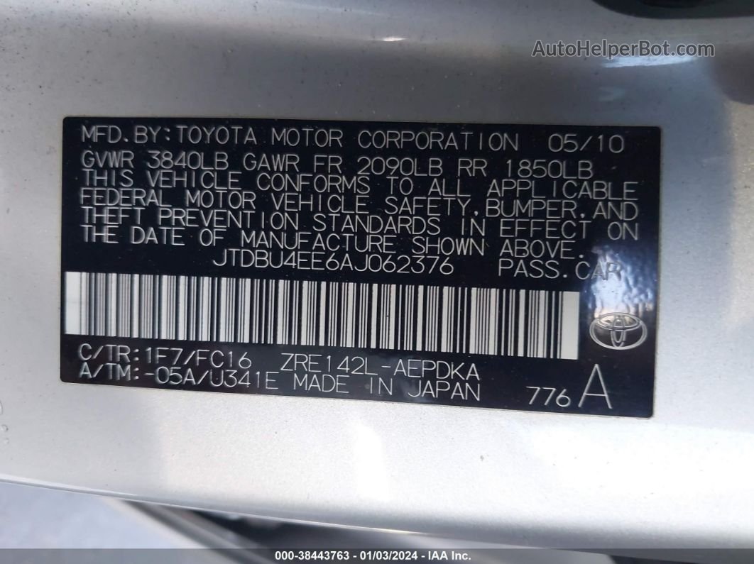 2010 Toyota Corolla Le Gray vin: JTDBU4EE6AJ062376