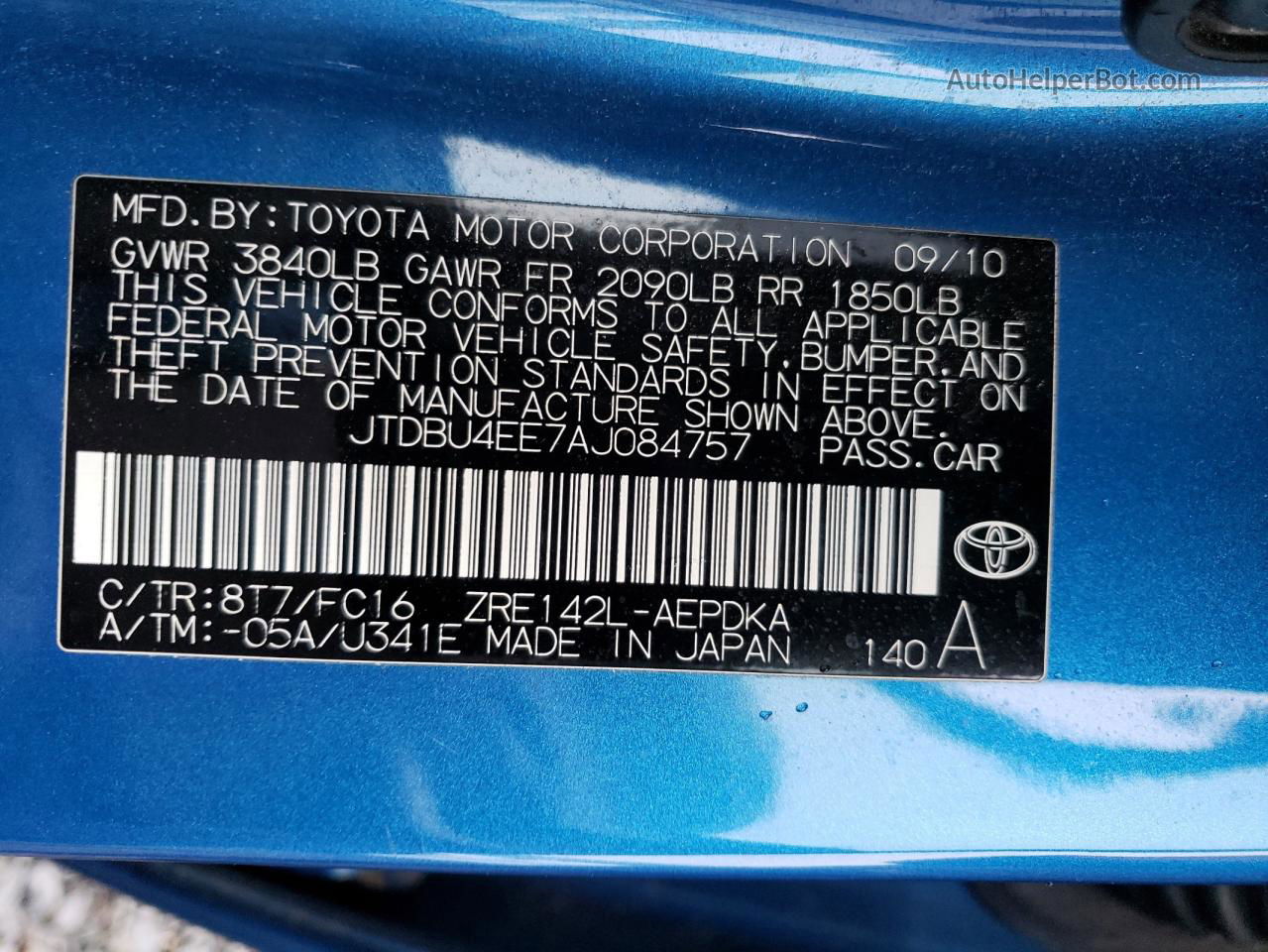 2010 Toyota Corolla Base Blue vin: JTDBU4EE7AJ084757