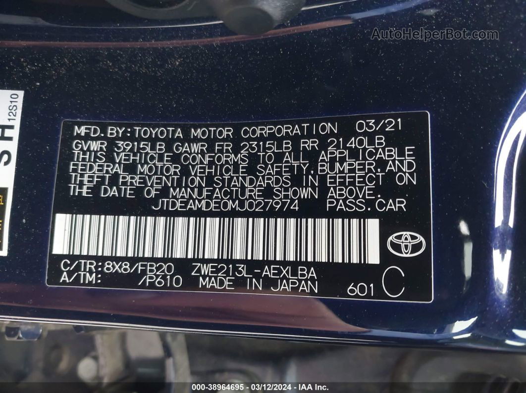 2021 Toyota Corolla Hybrid Le Dark Blue vin: JTDEAMDE0MJ027974