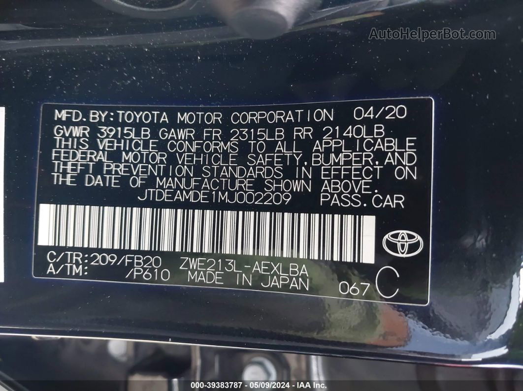 2021 Toyota Corolla Hybrid Le Black vin: JTDEAMDE1MJ002209