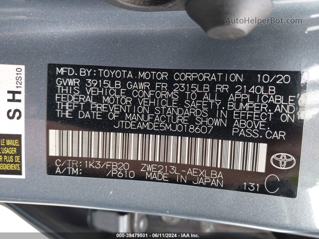 2021 Toyota Corolla Hybrid Le Blue vin: JTDEAMDE5MJ018607