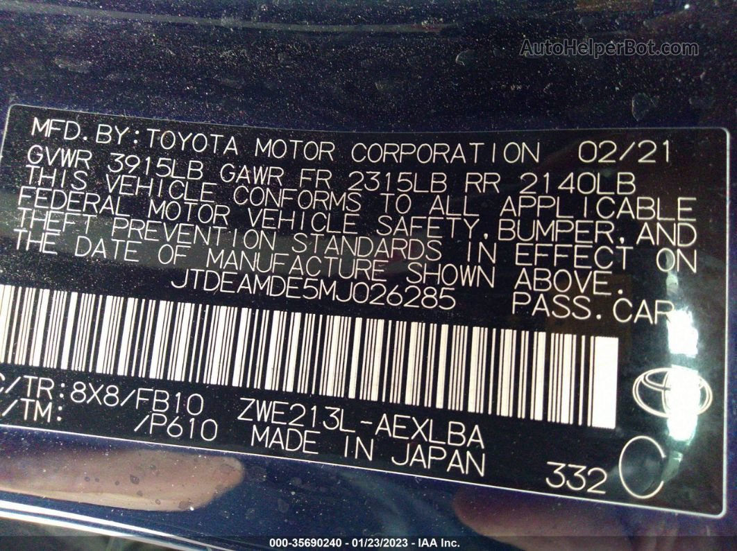 2021 Toyota Corolla Hybrid Le Blue vin: JTDEAMDE5MJ026285