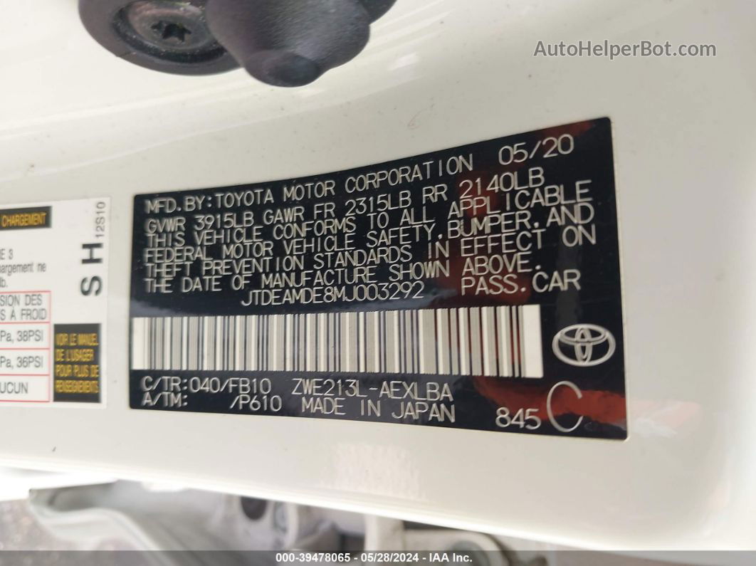 2021 Toyota Corolla Hybrid Le White vin: JTDEAMDE8MJ003292