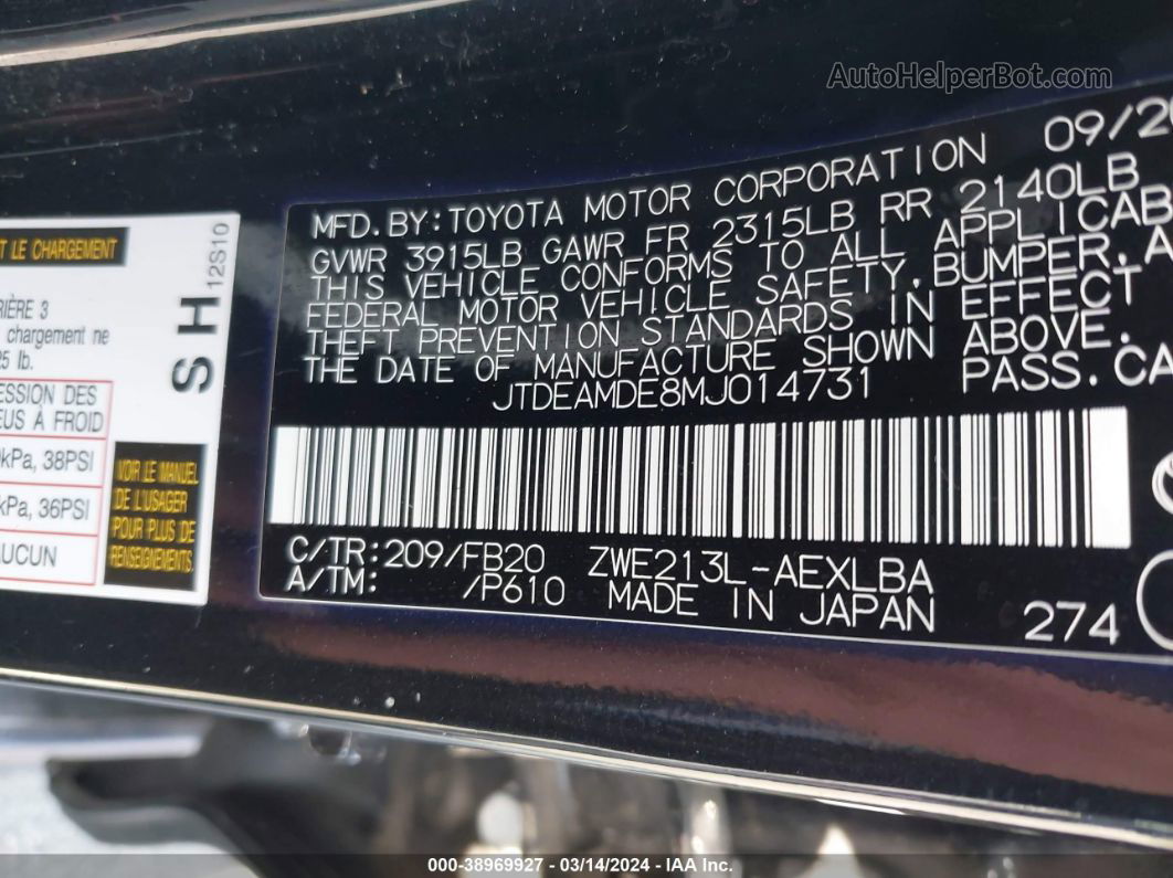 2021 Toyota Corolla Hybrid Le Black vin: JTDEAMDE8MJ014731