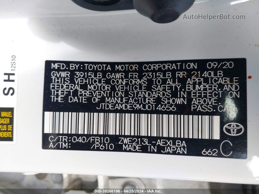 2021 Toyota Corolla Hybrid Le Белый vin: JTDEAMDE9MJ014656