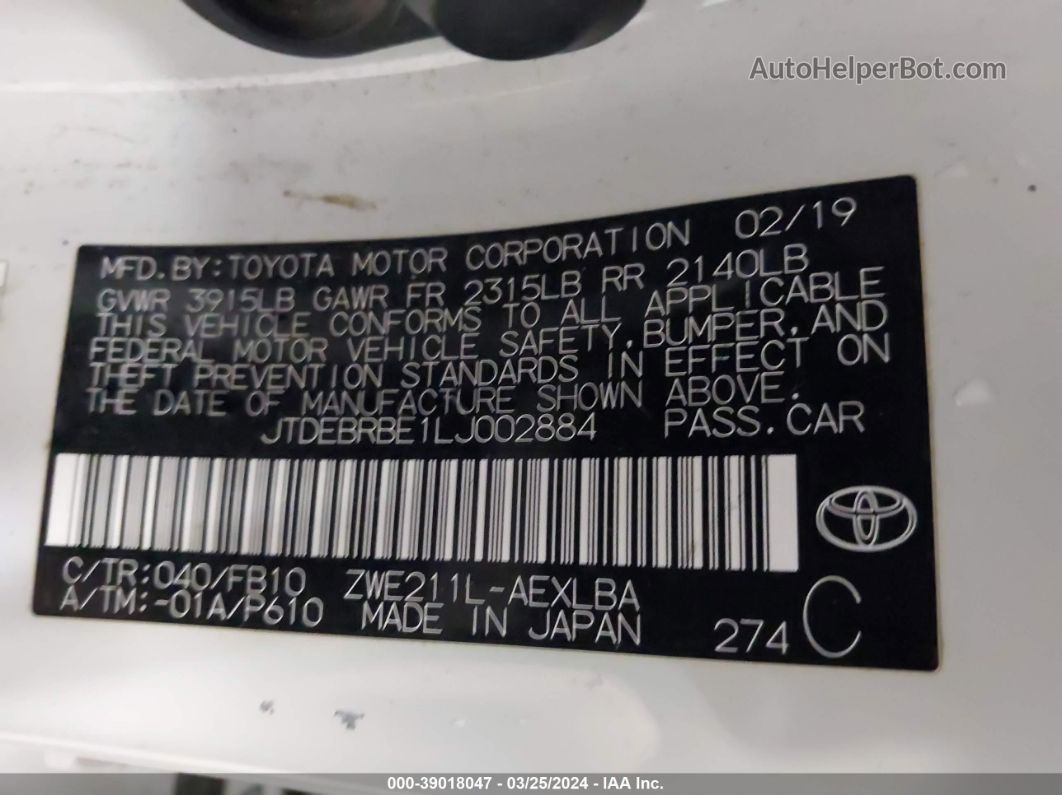 2020 Toyota Corolla Hybrid Le White vin: JTDEBRBE1LJ002884