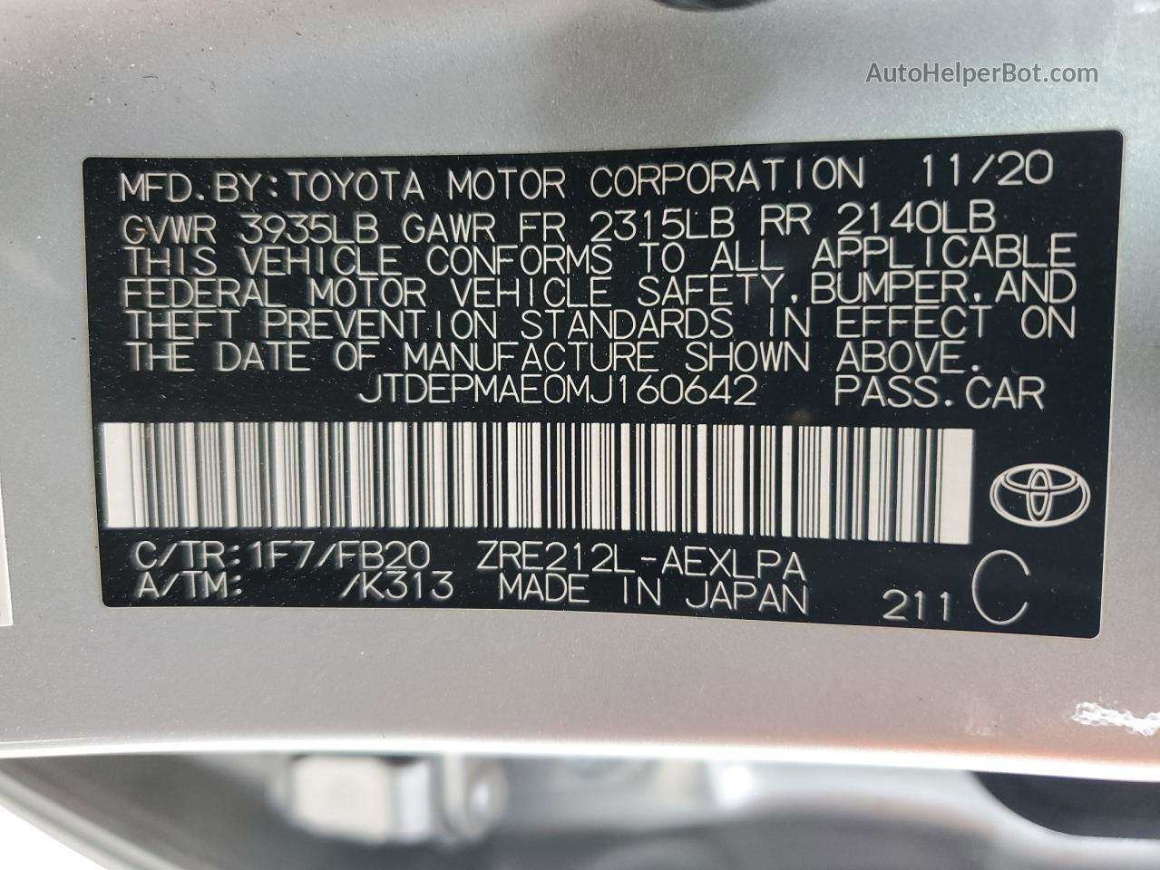 2021 Toyota Corolla Le Silver vin: JTDEPMAE0MJ160642