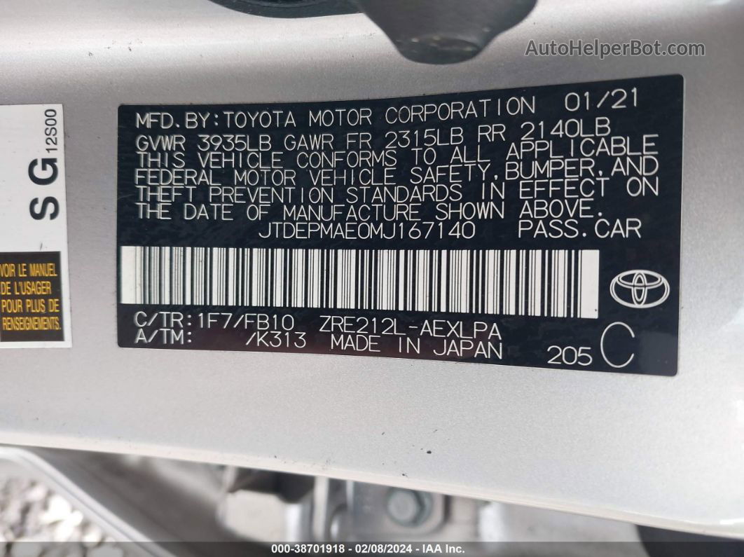 2021 Toyota Corolla Le Silver vin: JTDEPMAE0MJ167140