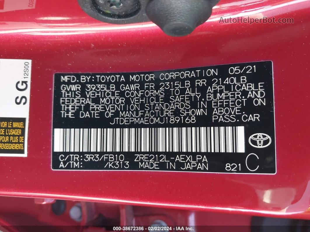 2021 Toyota Corolla Le Red vin: JTDEPMAE0MJ189168