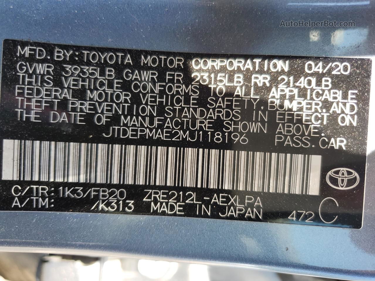 2021 Toyota Corolla Le Blue vin: JTDEPMAE2MJ118196