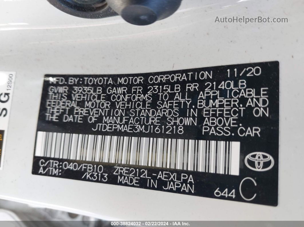 2021 Toyota Corolla Le White vin: JTDEPMAE3MJ161218