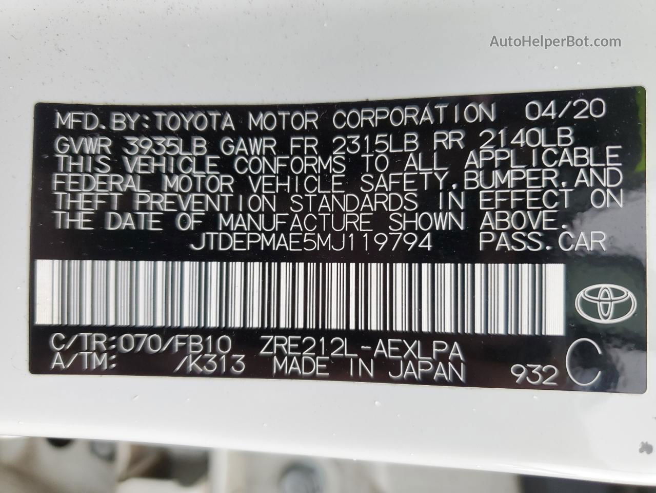 2021 Toyota Corolla Le White vin: JTDEPMAE5MJ119794