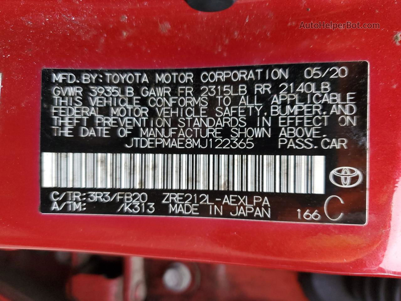 2021 Toyota Corolla Le Red vin: JTDEPMAE8MJ122365