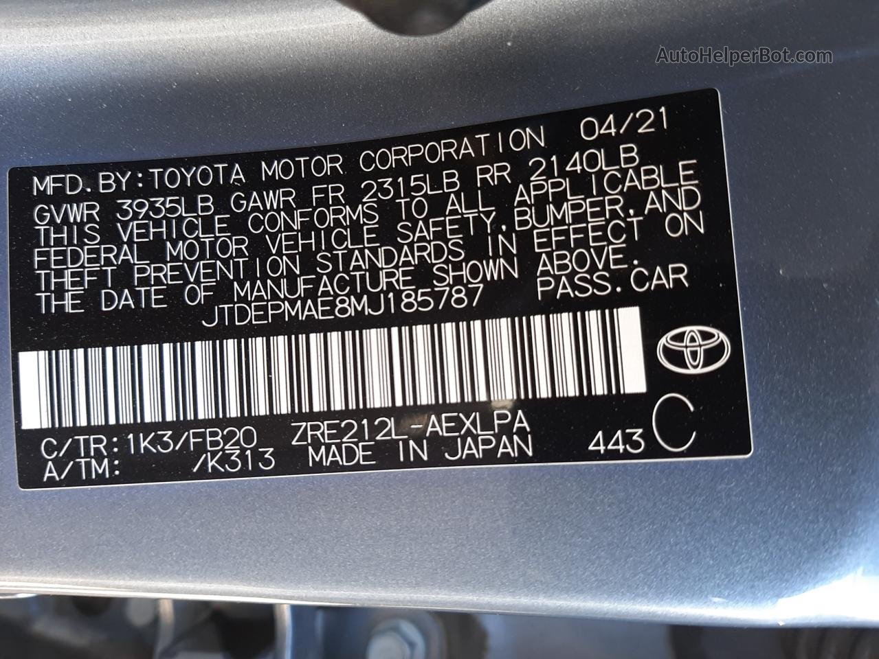 2021 Toyota Corolla Le Turquoise vin: JTDEPMAE8MJ185787