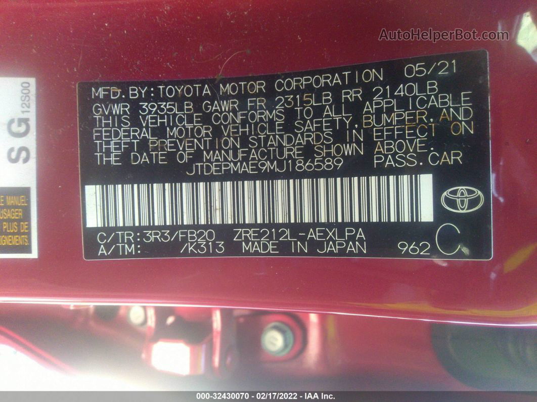 2021 Toyota Corolla Le Red vin: JTDEPMAE9MJ186589