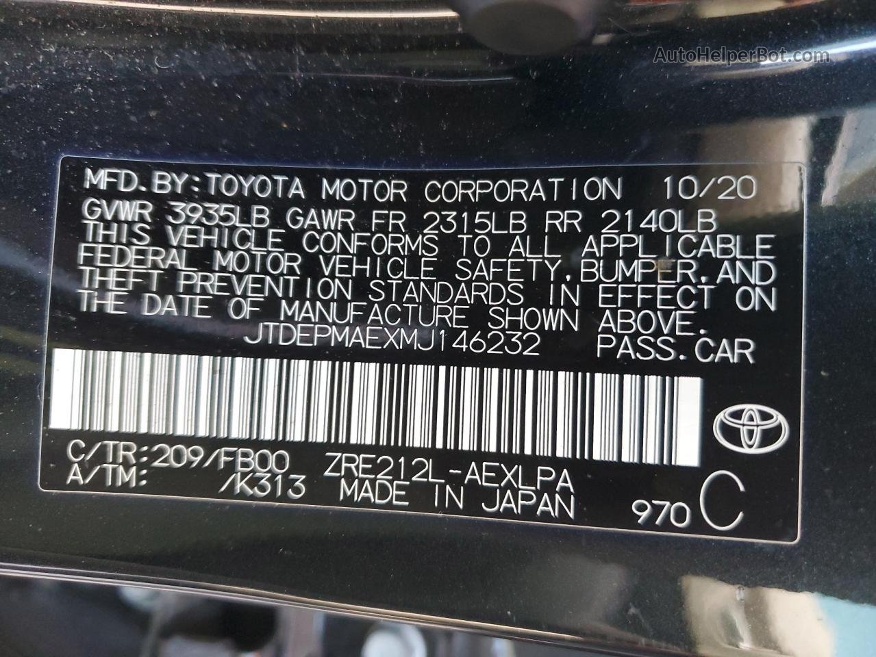 2021 Toyota Corolla Le Black vin: JTDEPMAEXMJ146232