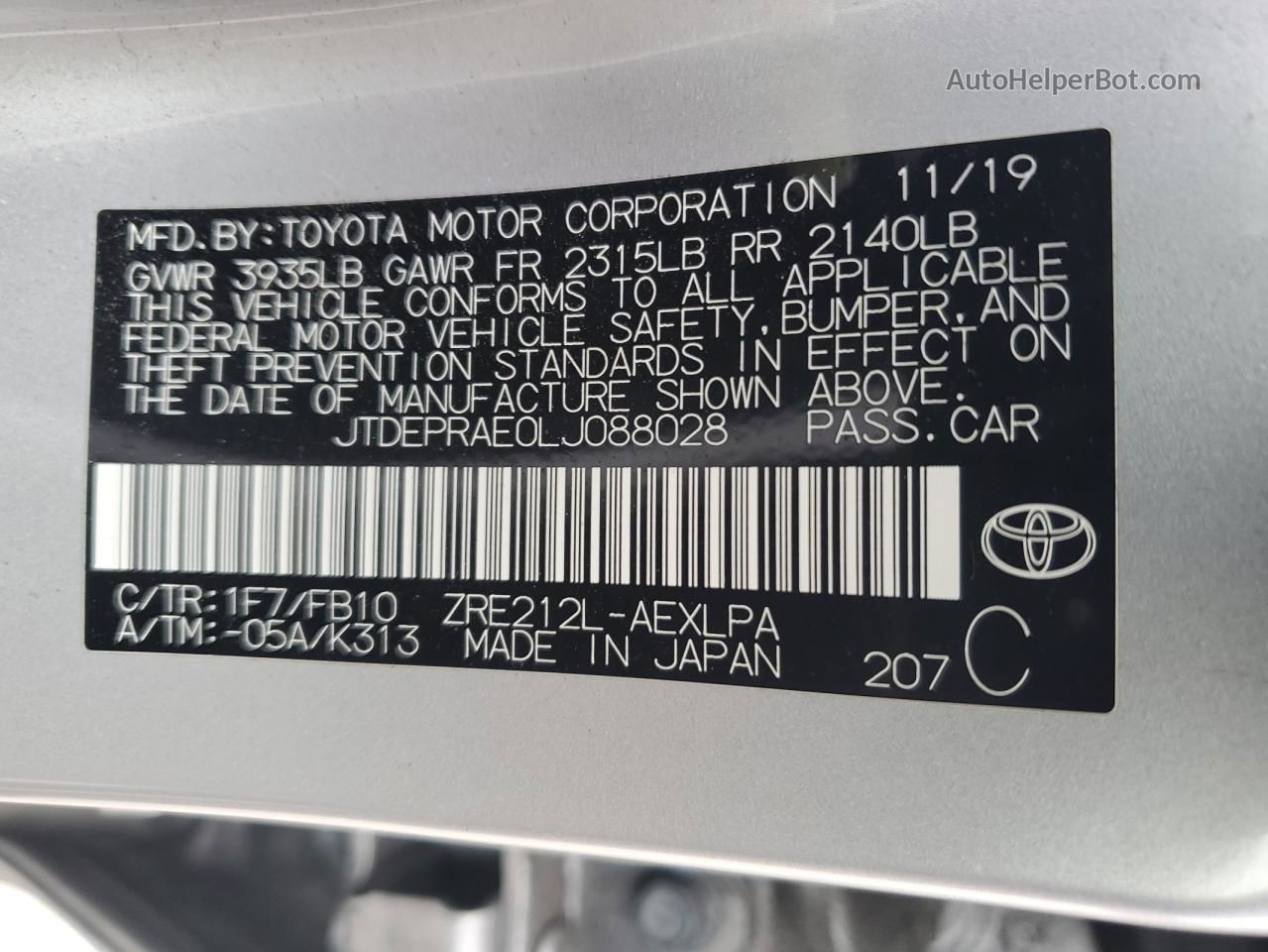 2020 Toyota Corolla Le Silver vin: JTDEPRAE0LJ088028