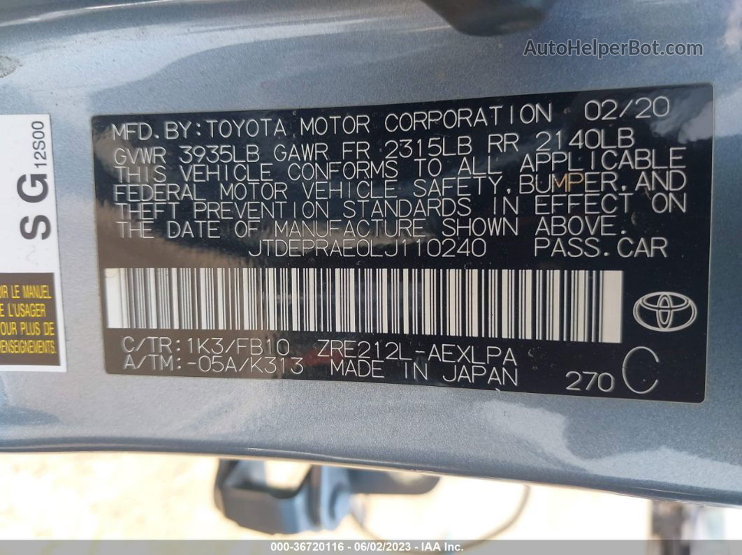 2020 Toyota Corolla Le Light Blue vin: JTDEPRAE0LJ110240