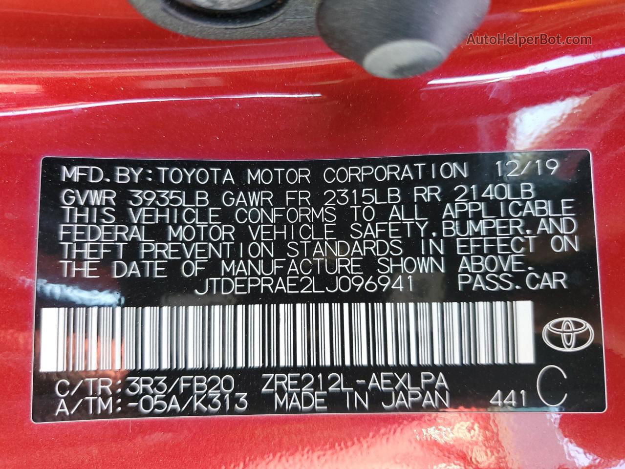 2020 Toyota Corolla Le Red vin: JTDEPRAE2LJ096941