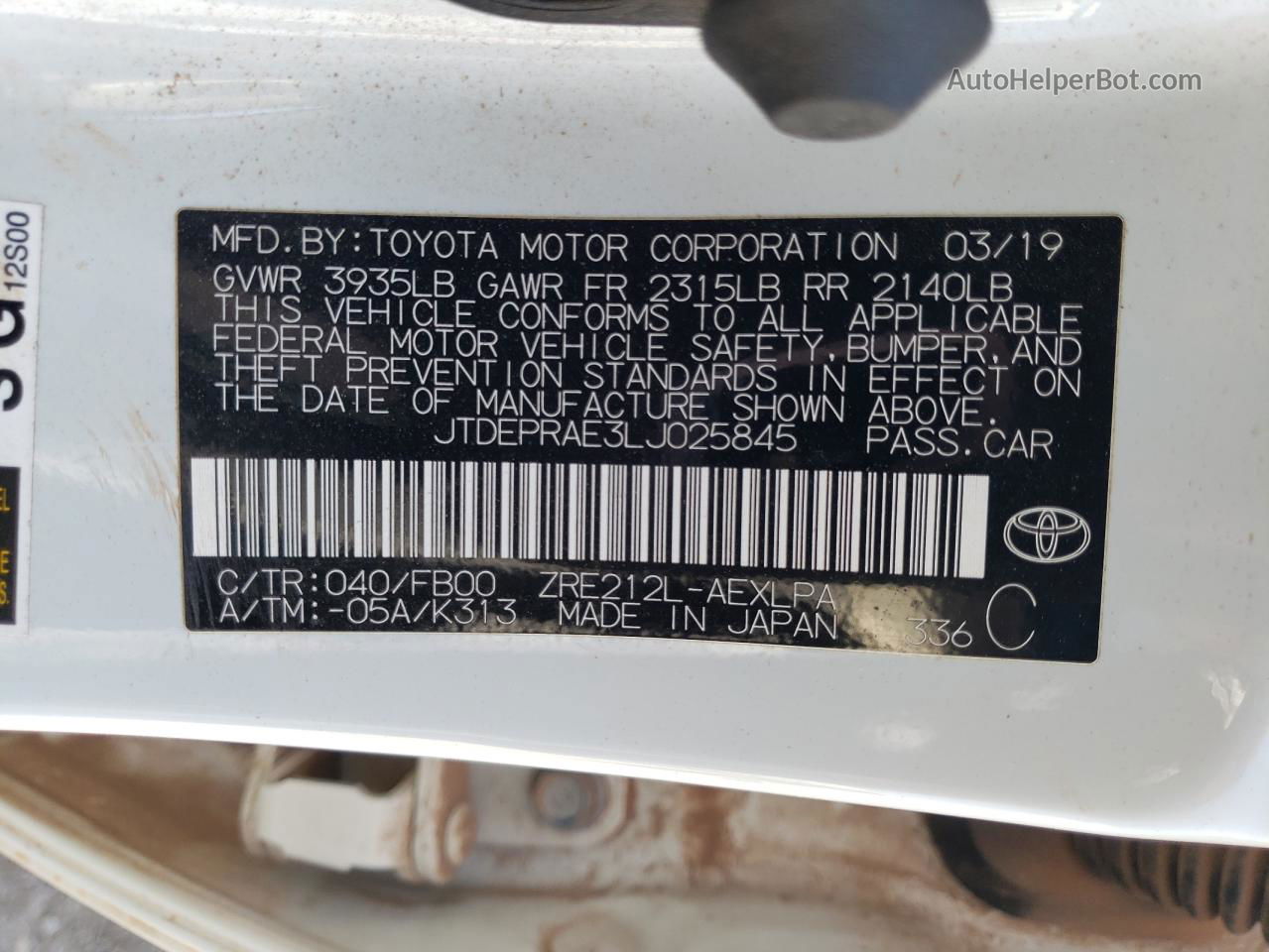 2020 Toyota Corolla Le White vin: JTDEPRAE3LJ025845