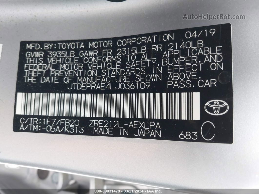 2020 Toyota Corolla Le Silver vin: JTDEPRAE4LJ036109